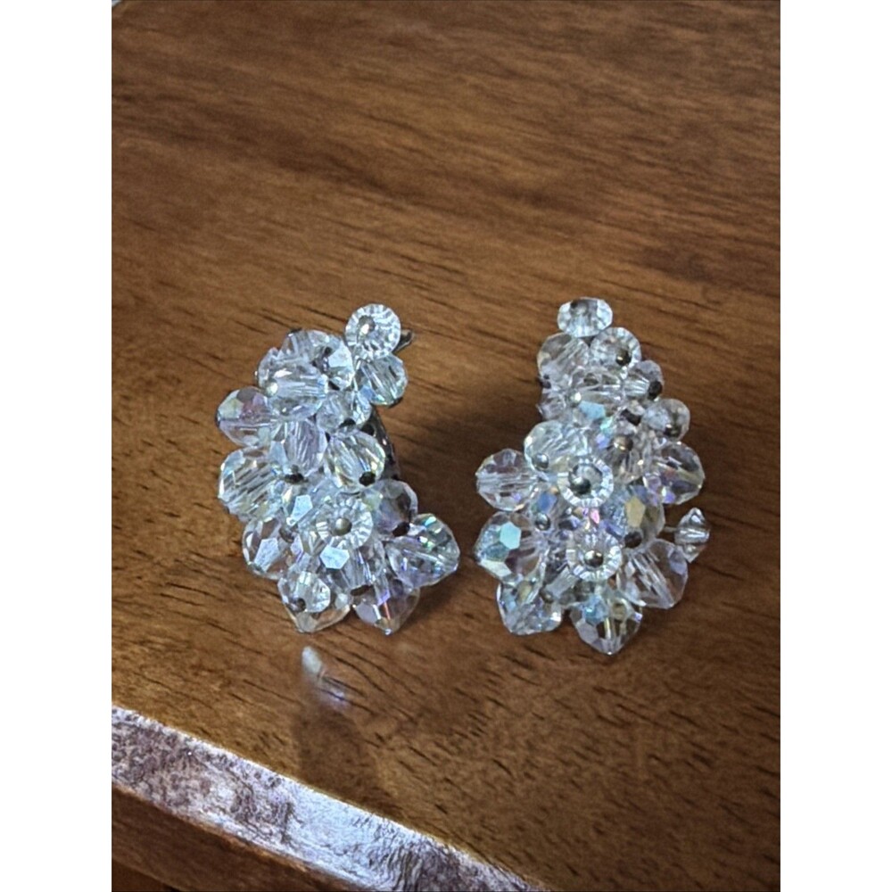 Vtg Aurora Borealis  Earrings Crystal Beads & Glass Prism Clip On Ear Climber